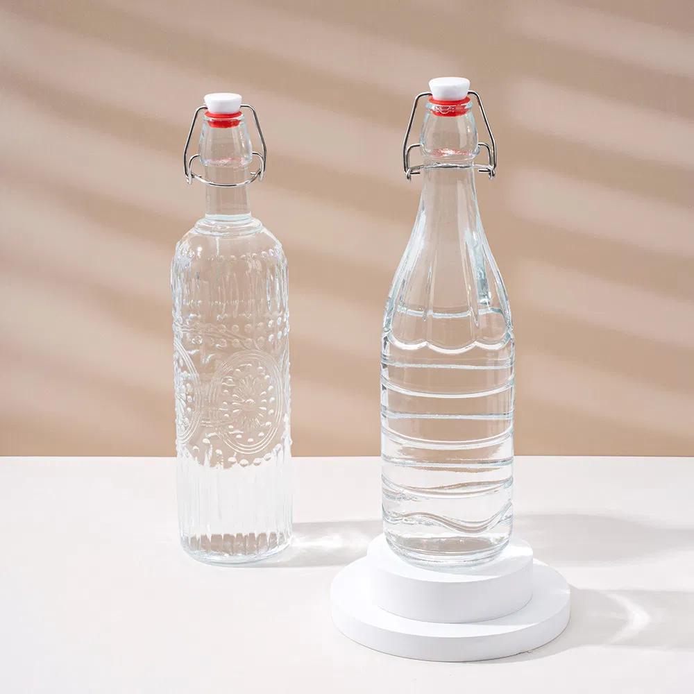 Reusable 1000ml Glass Swing Top Bottle Transparent Round Empty Wholesale Kombucha Fermentation Bottle with Airtight Lid