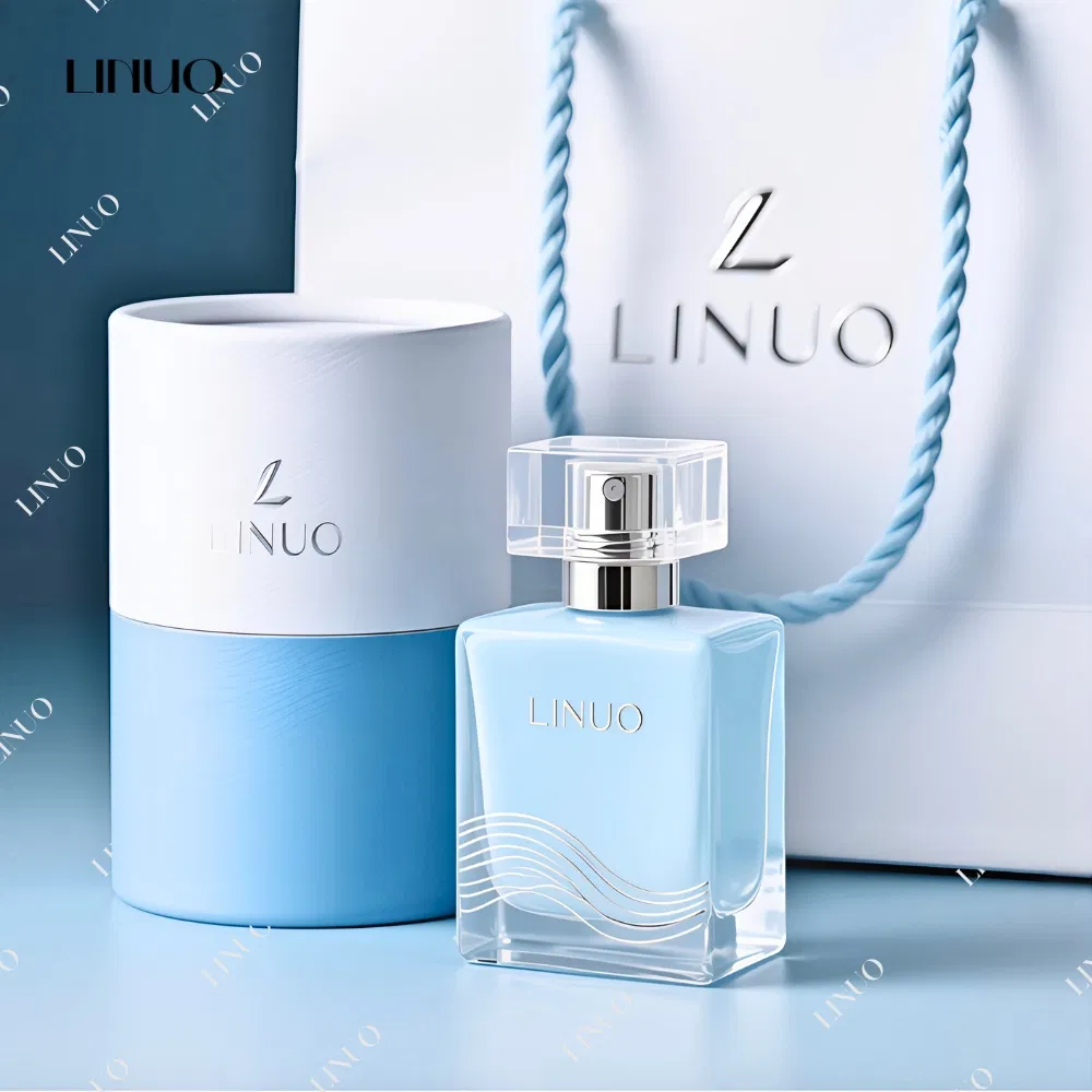 Customised 30ml 50ml 100ml Blue Rectangle Square Triangle Cylinder Luxury Glass Perfume Bottle Packaging Box Hot Stamping Design Elegant and High Grade Refillab