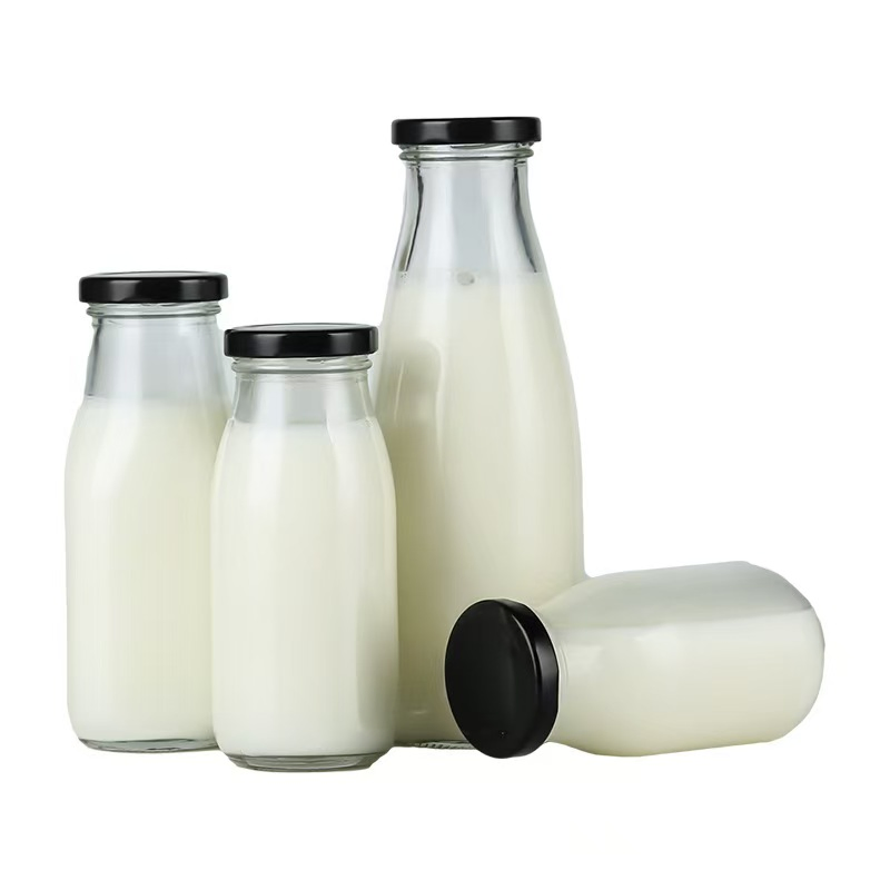 High Quality Clear Round Glass Milk Bottle with Metal Screw Cap