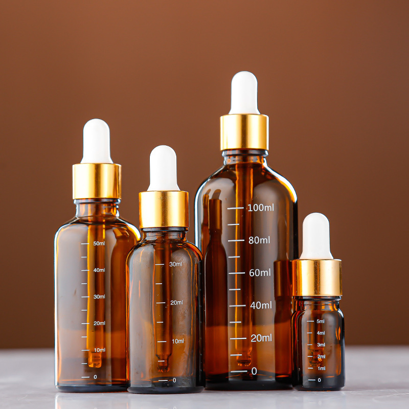 Cosmetic Packaging Bottles Essential Oil Glass Amber Green Blue Colour Dropper Bottle with Dropper Cap Aluminum Lid Graduated Pipetee Scale
