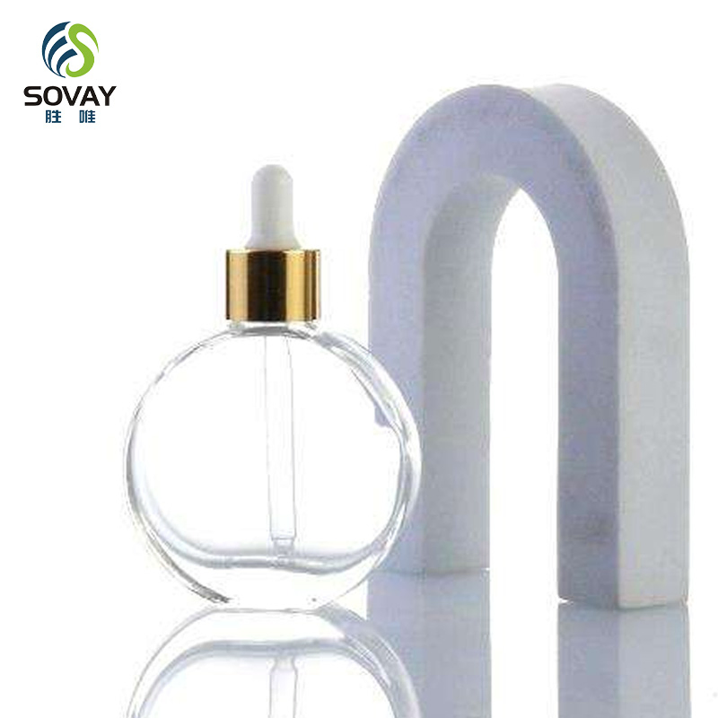 50ml 60ml Flat Round Oblate Clear Thick Bottom Glass Oil Serum Dropper Bottle for Essential Oil