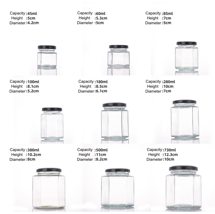 Wholesale Different Size Honey Storage Jar Hexagonal Glass Jars with Metal Lids