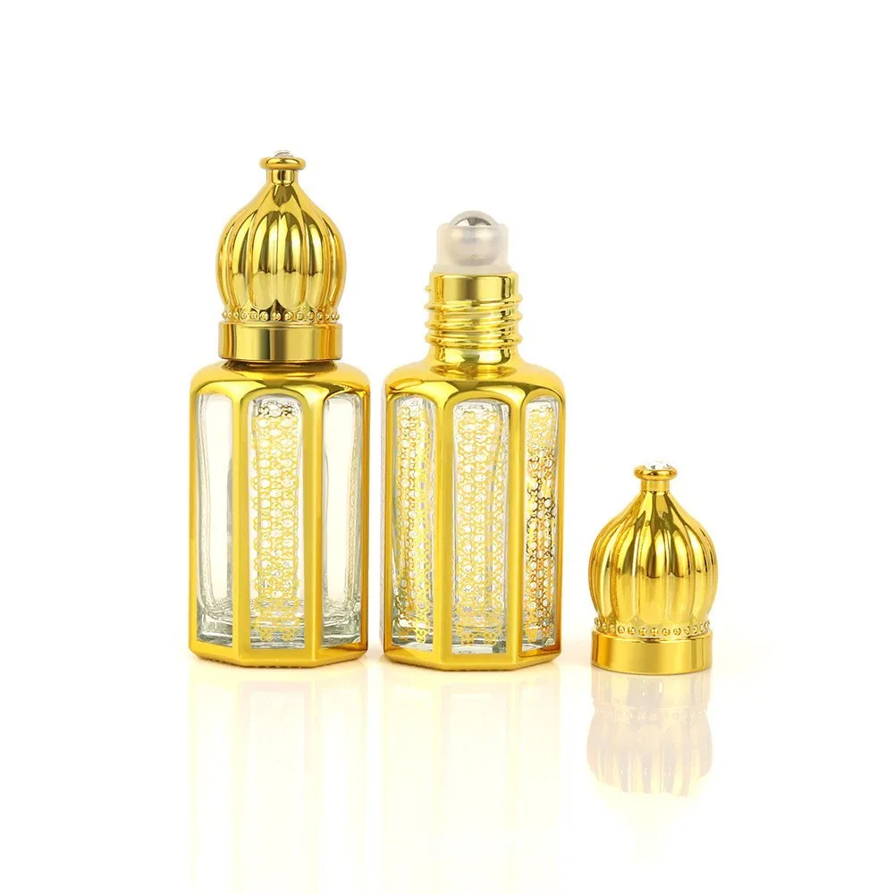 Guangdong Fragrance Middle East Dubai Mini 3ml 6ml 12ml Golden Empty Atomizer Spray Roll on Cosmetic Bottle Essential Oil Arabic Custom Perfume Glass Bottle