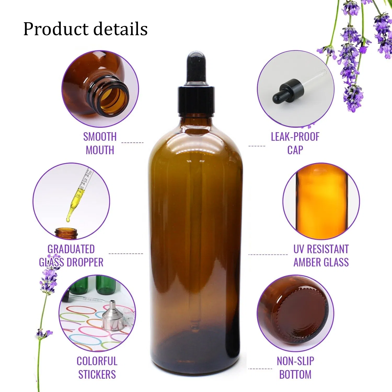 Personalized Custom 200ml Amber Glass Dropper Bottle with Black Dropper Cap for Essential Oil Applications