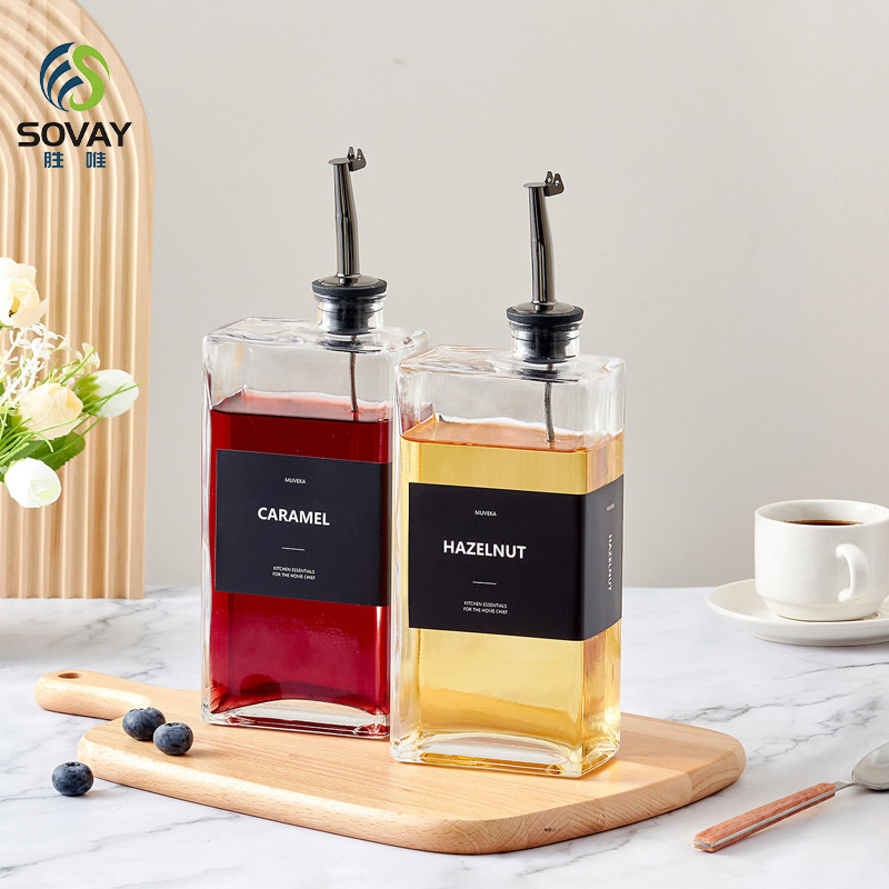 Clear Square Glass Syrup Dispenser Bottles 350ml 500ml Easy Pour Spout Plastic Cap Free Empty for Olive Oil Syrup