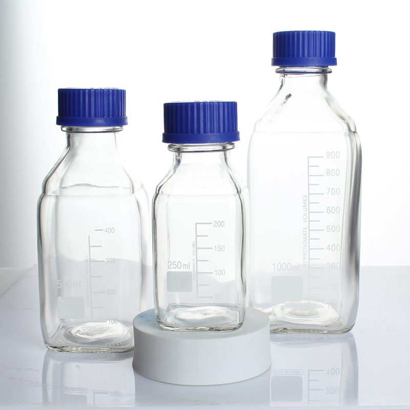 1000ml High Borosilicate Glass Clear Square Reagent Bottle with Blue Screw Cap