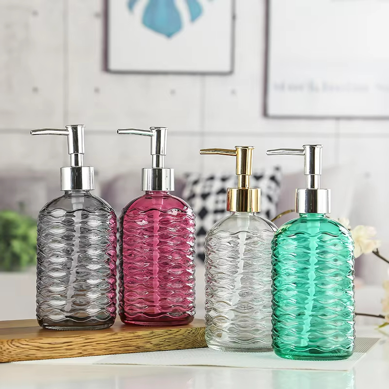 450ml Round Embossed Green Pink Blue Red Gray Shampoo Liquid Soap Body Lotion Glass Bottle with Lotion Pump