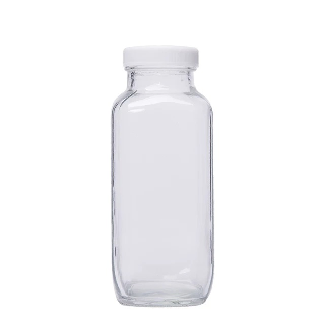 16oz French Square Fresh Juice Glass Milk Bottle with Plastic Cap