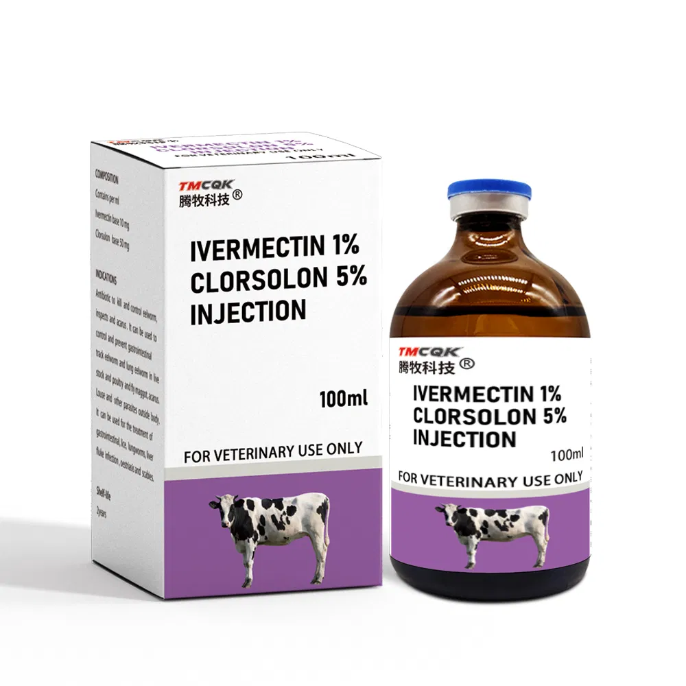Veterinary Medicine 1% Ivermectin and 5% Clorsulon Injection, 100 Ml Glass Bottle Liquid Solution, Suitable for Cattle, Pigs, Horses, Goats