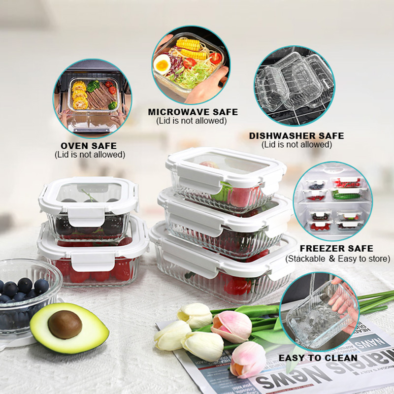 Borosilicate Glass Storage with Stripes, Separable Ear Buckle, Tempered Cover, Oven Safe for Baked Goods 1100ml Square