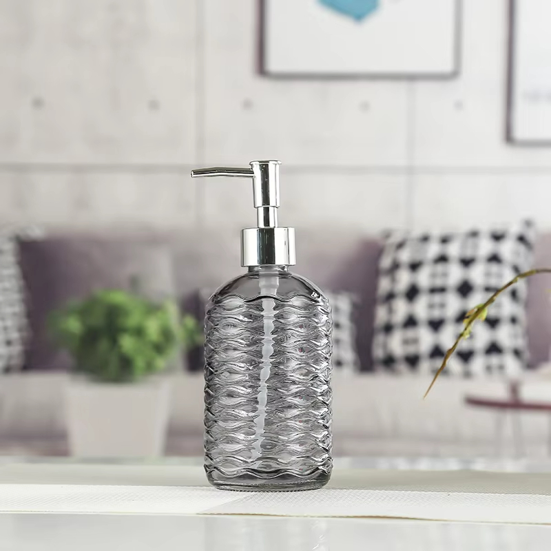 450ml Round Embossed Green Pink Blue Red Gray Shampoo Liquid Soap Body Lotion Glass Bottle with Lotion Pump