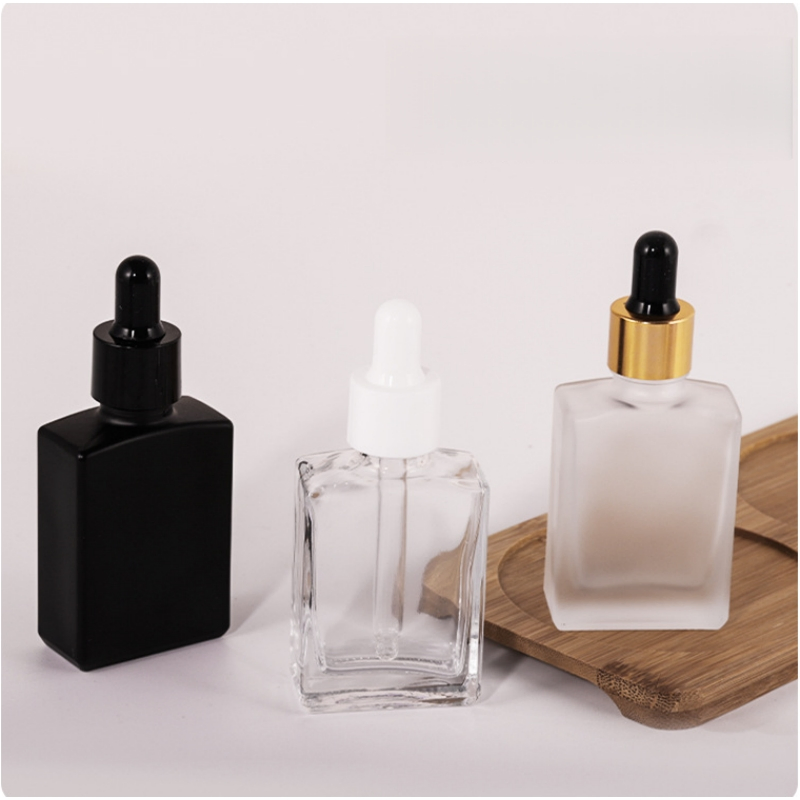 Empty Colorful Flint Flat Square Glass Bottle 10ml 30ml 50ml 100ml Essential Oil Serum Perfume Dropper Bottle with Drop Cap Skin Care Cosmetic Lotion Bottle