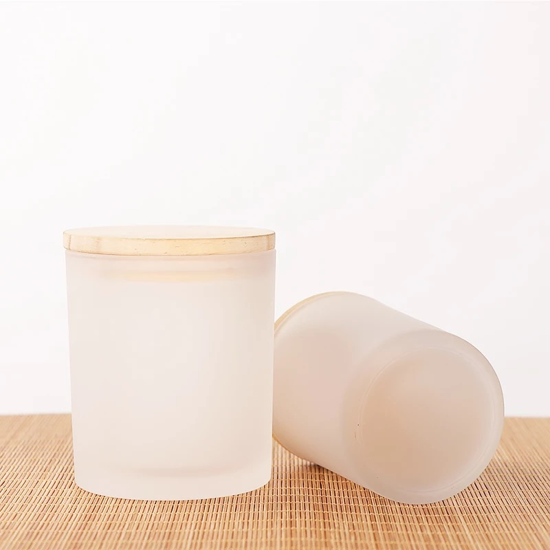 Wholesale Frosted Glass Votive Candle Holders Glass Candle Jar with Wood Lid and Metal Cap