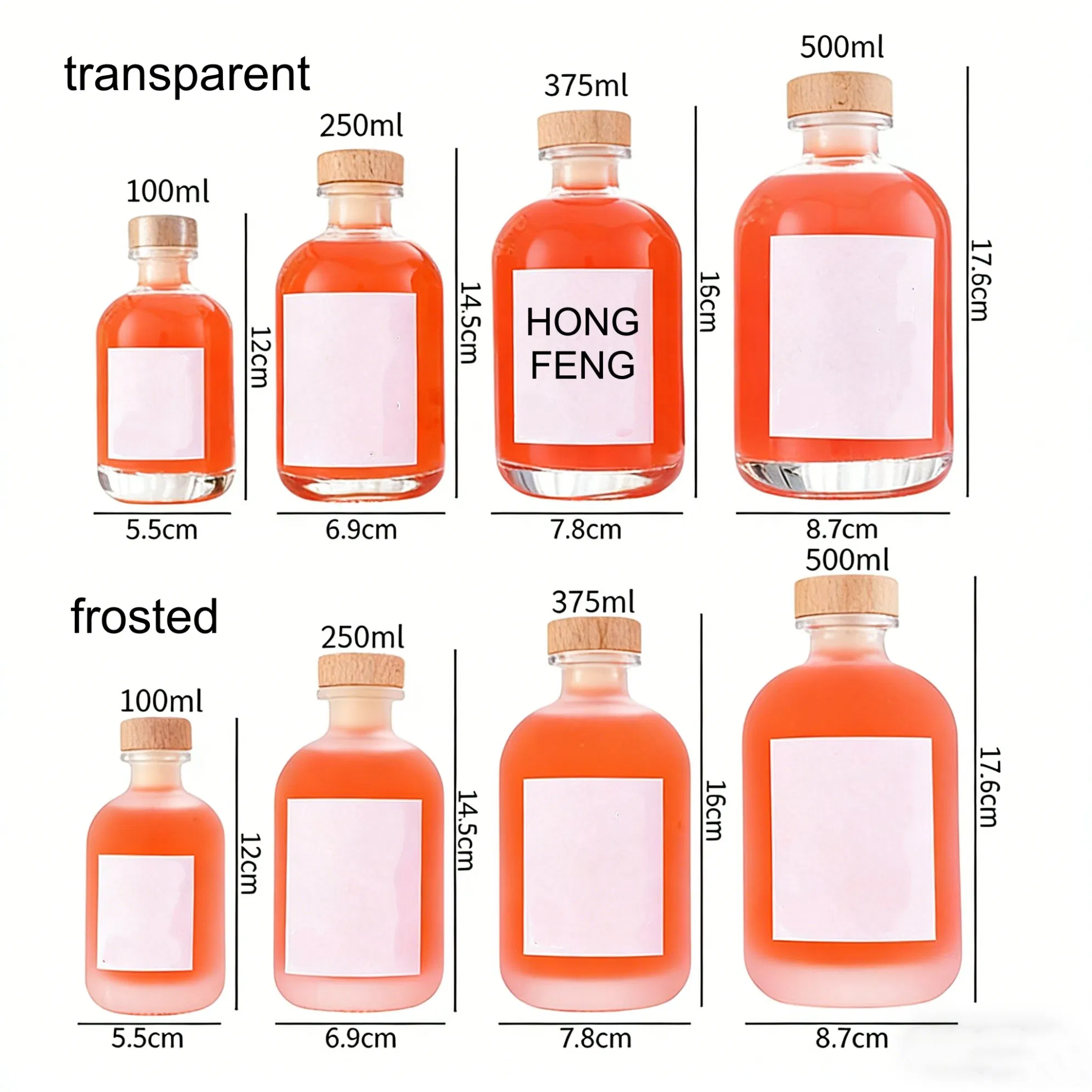 Luxury Empty 100ml 250ml 375ml 500ml Clear Frosted Glass Cork Sealed Wine Bottle for Liquor Juice Vodka Custom Lales