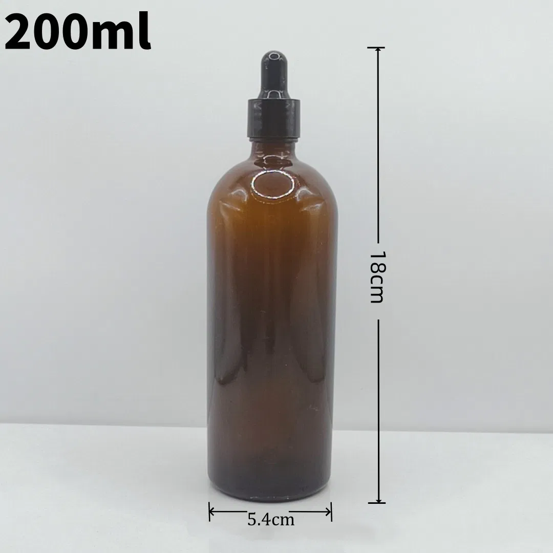 Personalized Custom 200ml Amber Glass Dropper Bottle with Black Dropper Cap for Essential Oil Applications