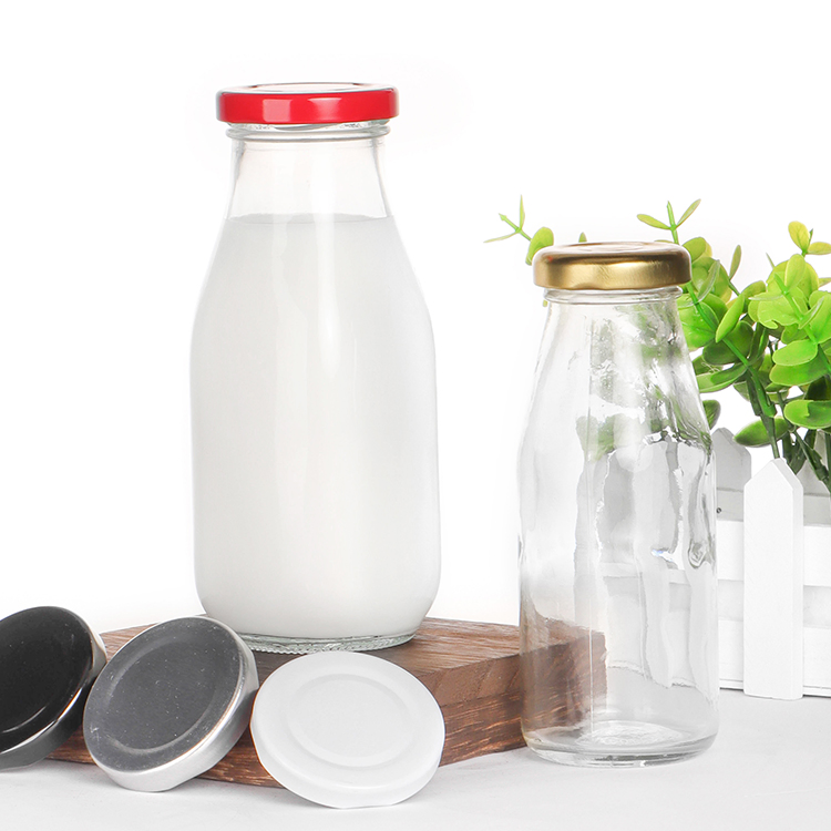 in Stock 8oz 12oz 14oz 32oz Clear Transparent Milk Packaging Glass Milk Bottle for Drinking with Metal Lid