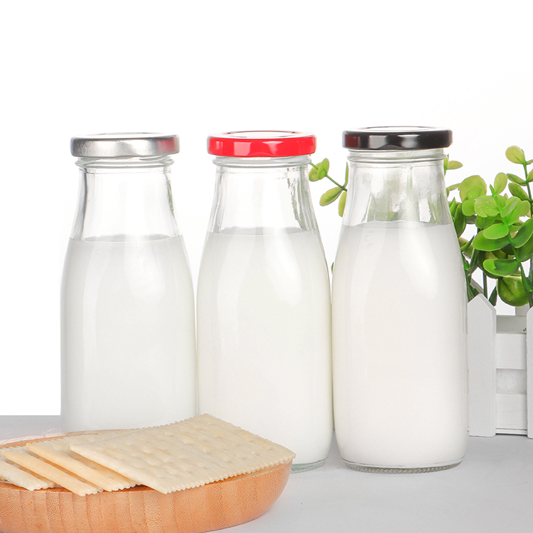 in Stock 8oz 12oz 14oz 32oz Clear Transparent Milk Packaging Glass Milk Bottle for Drinking with Metal Lid