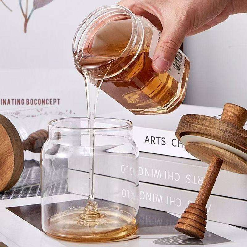 Mini 500ml Hollow Transparent Round Borosilicate Glass Honey Jar with Wooden Bucket Lid