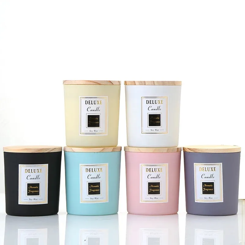 Wholesale Frosted Glass Votive Candle Holders Glass Candle Jar with Wood Lid and Metal Cap