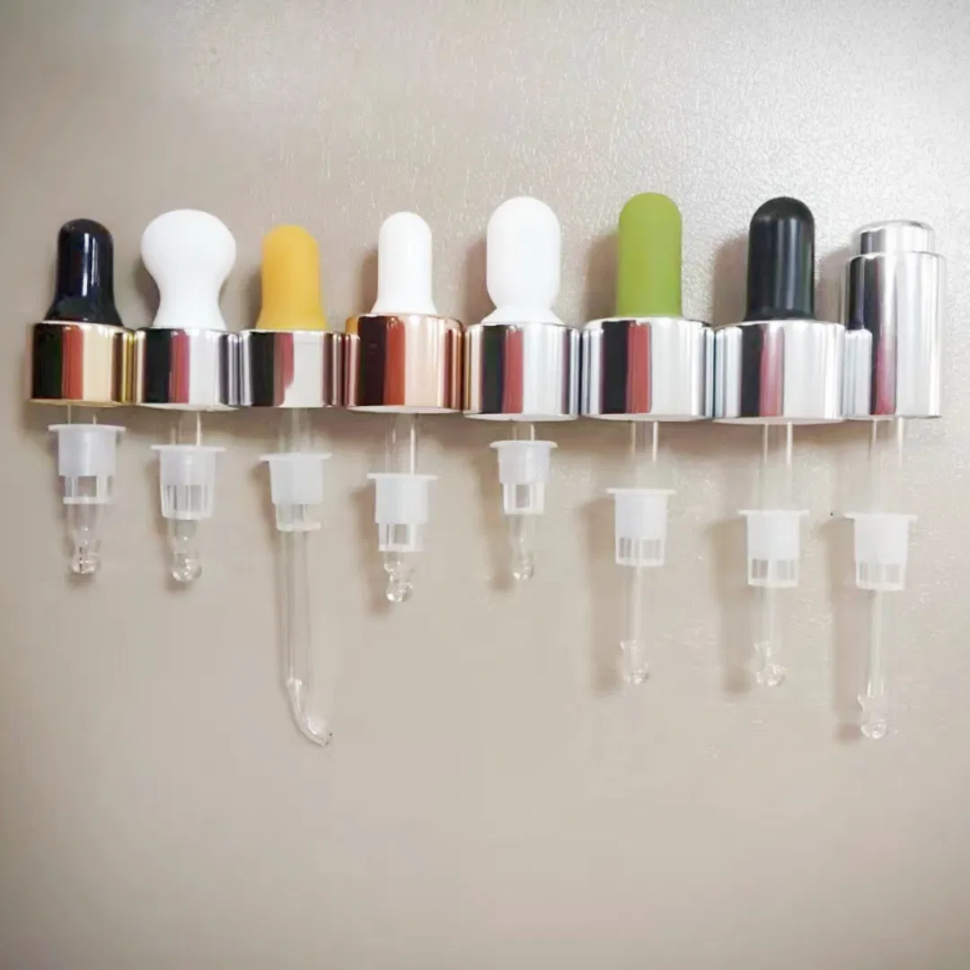 Wuxi Factory 18mm 20mm Custom Made Essential Oil Bottle Electrolytic Aluminum Dropper Cap Assembly 22mm 24mm Aluminum Collar with Rubber Head and Glass Pipette