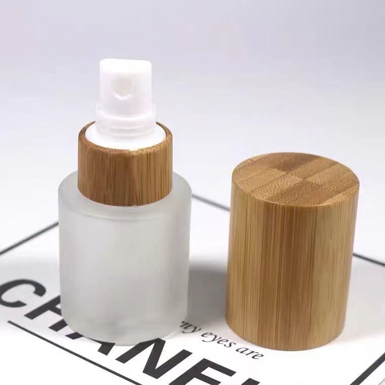30ml 50ml 60ml 80ml 100ml 120ml Cylinder Shape Glass Frosted Bamboo Lotion Pump Bottle