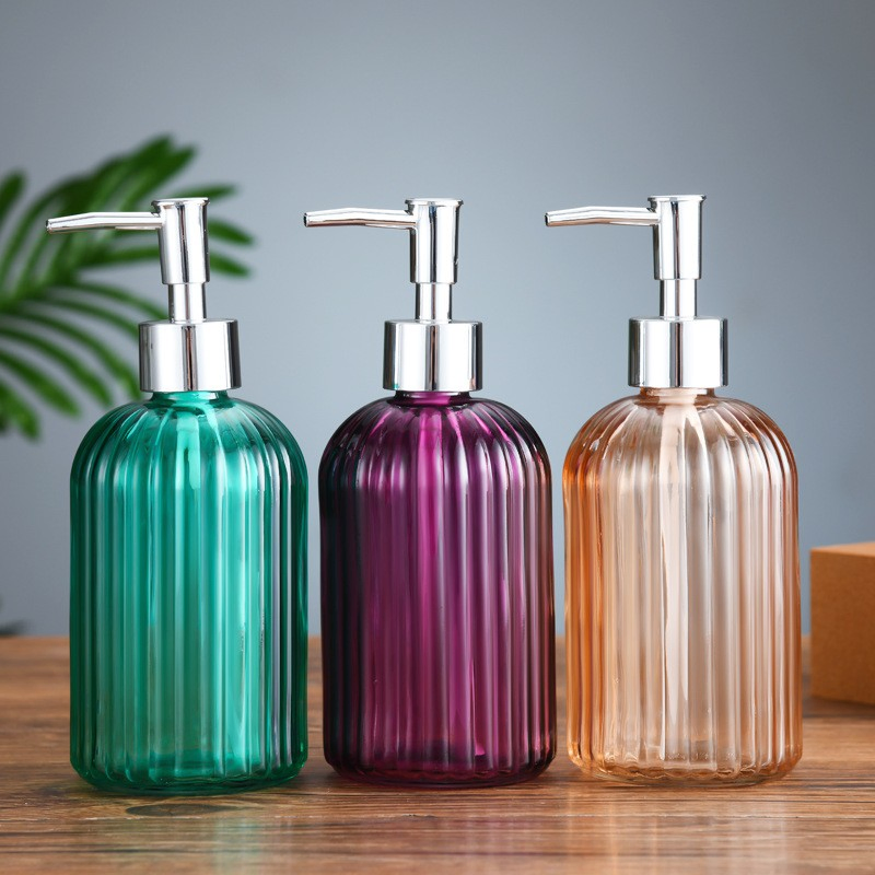 Hot 400ml Stripe Embossing Round Shape Colorful Shampoo Body Lotion Hand Sanitizer Glass Bottle with Pump