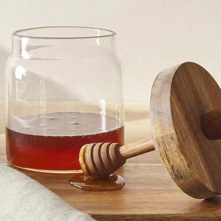 Mini 500ml Hollow Transparent Round Borosilicate Glass Honey Jar with Wooden Bucket Lid