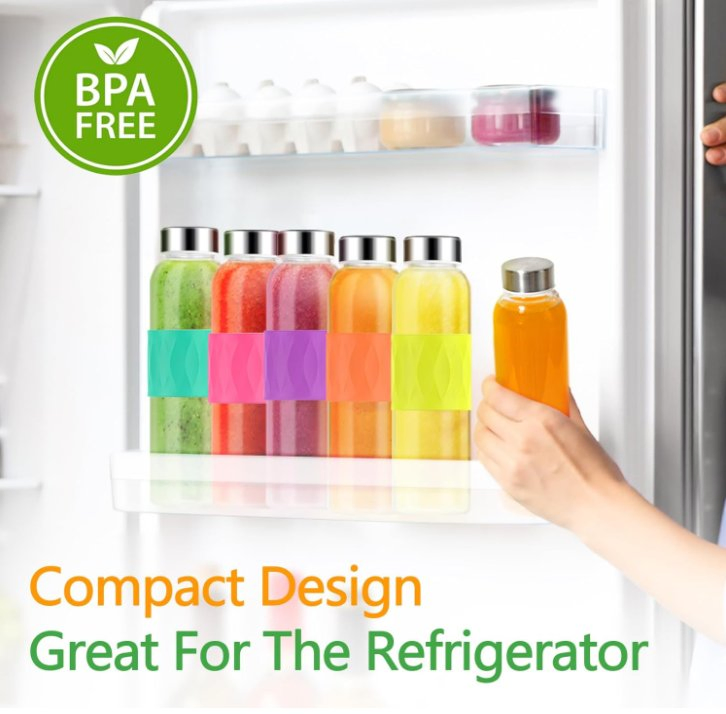 Glass Water Bottles with Lids 18 Oz, Reusable Clear Juice Bottles Stainless Steel Airtight Cap for Juicing, 100% Leak Proof Juice Drinking Jar with Sleeve