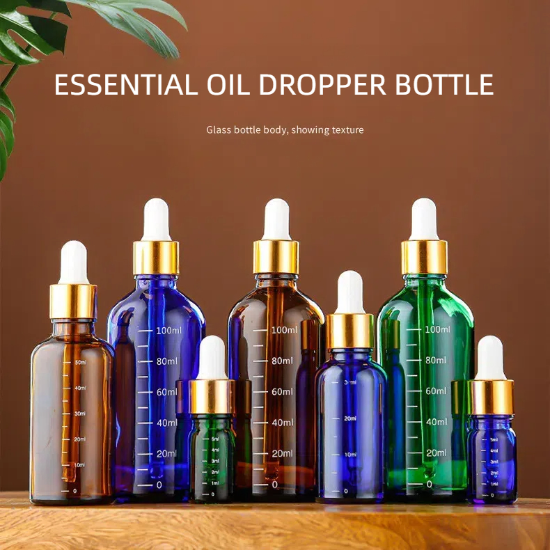 Cosmetic Packaging Bottles Essential Oil Glass Amber Green Blue Colour Dropper Bottle with Dropper Cap Aluminum Lid Graduated Pipetee Scale