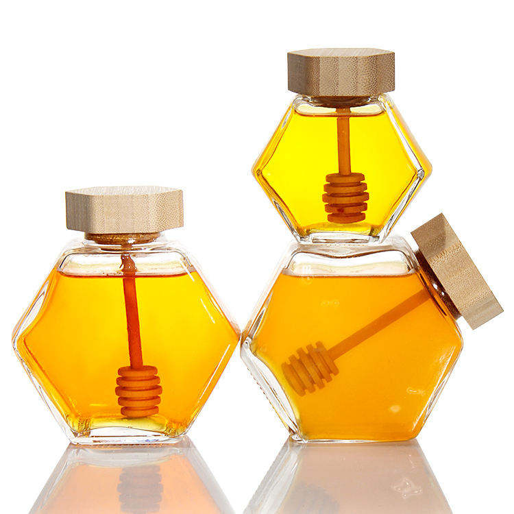 Wholesale Honey Jars, Jam, Pickle, Jelly Food Jars, 100ml, 200ml, 380ml, Hot Selling Unique Hexagonal Wooden Cap Glass Honey Jars.