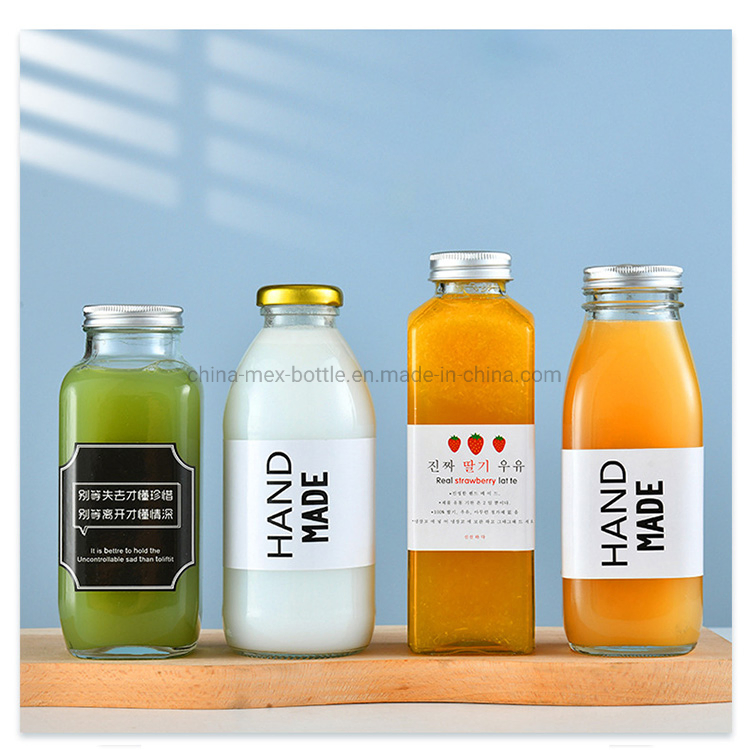 500ml Clear Round Square Glass Beverage Bottle for Juice with Metal Lid