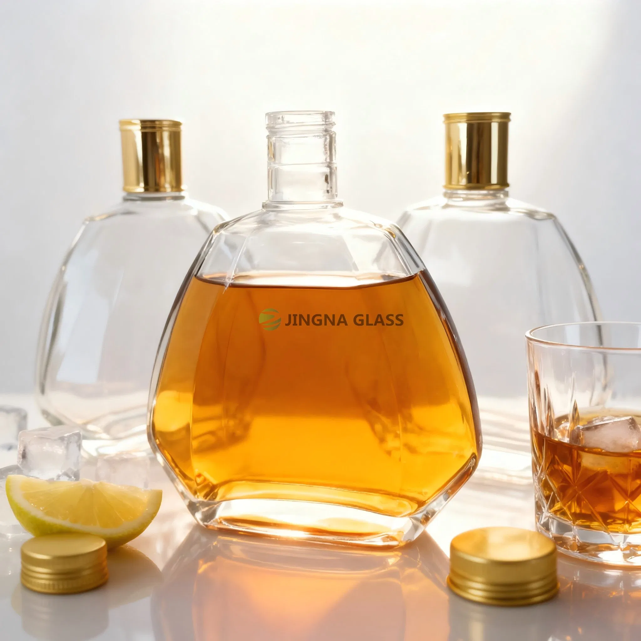 Premium Custom Printed Logo 700ml Glass Tequila Bottles Spirits Packaging with Brushed Gold Aluminum Cap for Vodka Gin Brandy