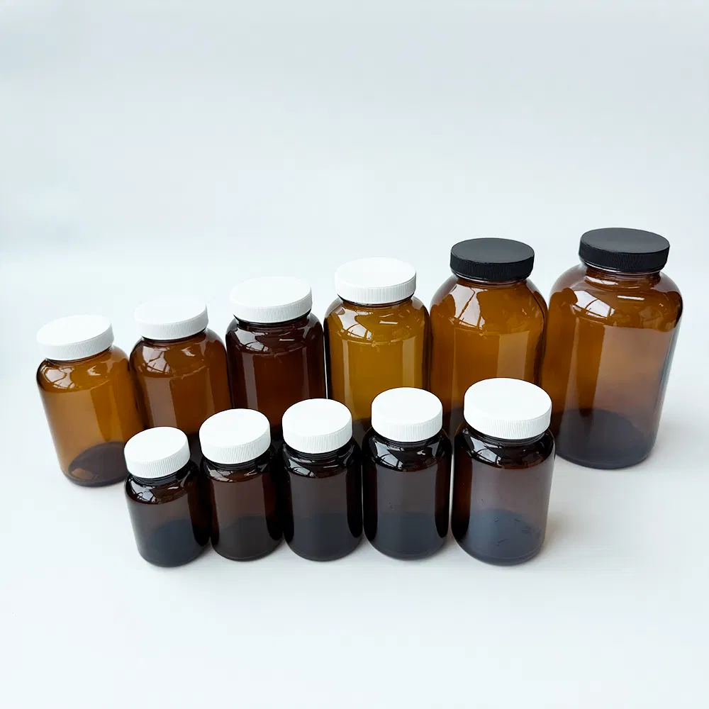 Multi Capacity Wide Mouth Amber Packer Glass Capsule Jar Bottle for Medical Pills
