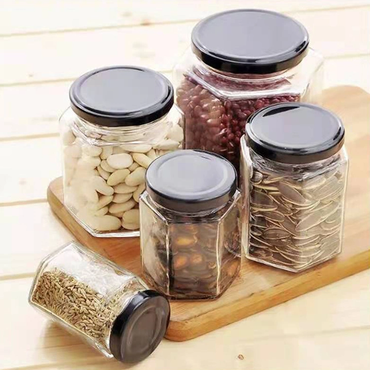 Wholesale Empty Hexagon 730ml 500ml 250ml 200ml Jams Spice Honey Glass Jar with Metal Lid