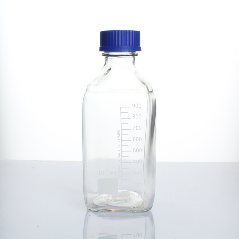 1000ml High Borosilicate Glass Clear Square Reagent Bottle with Blue Screw Cap