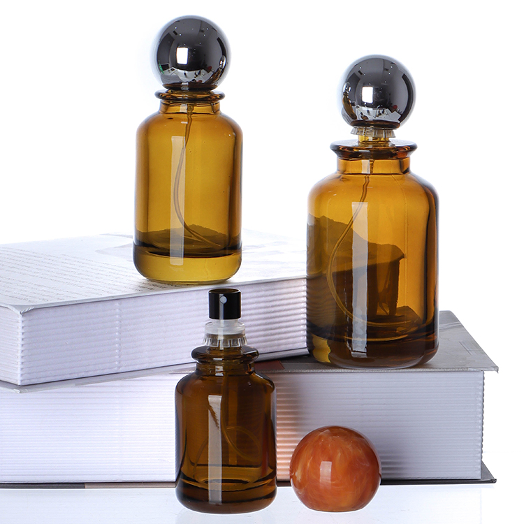 Wholesale Luxury 30ml 50ml 100ml Round Spray Cap Empty Refillable Amber Glass Perfume Bottle with Box