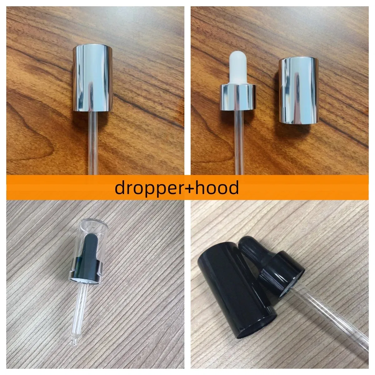 Wuxi Factory 18mm 20mm Custom Made Essential Oil Bottle Electrolytic Aluminum Dropper Cap Assembly 22mm 24mm Aluminum Collar with Rubber Head and Glass Pipette