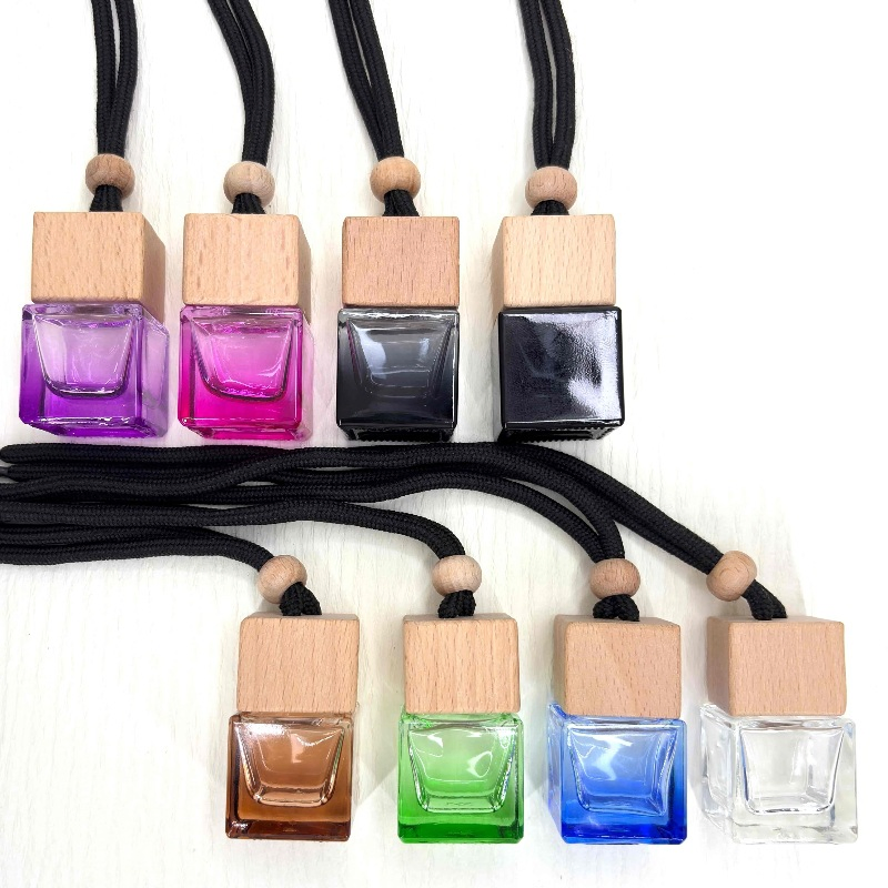 8ml Square Pendant Perfume Bottle Colored Empty Glass Car Air Freshener Portable Aromatherapy Essential Oil Diffuser