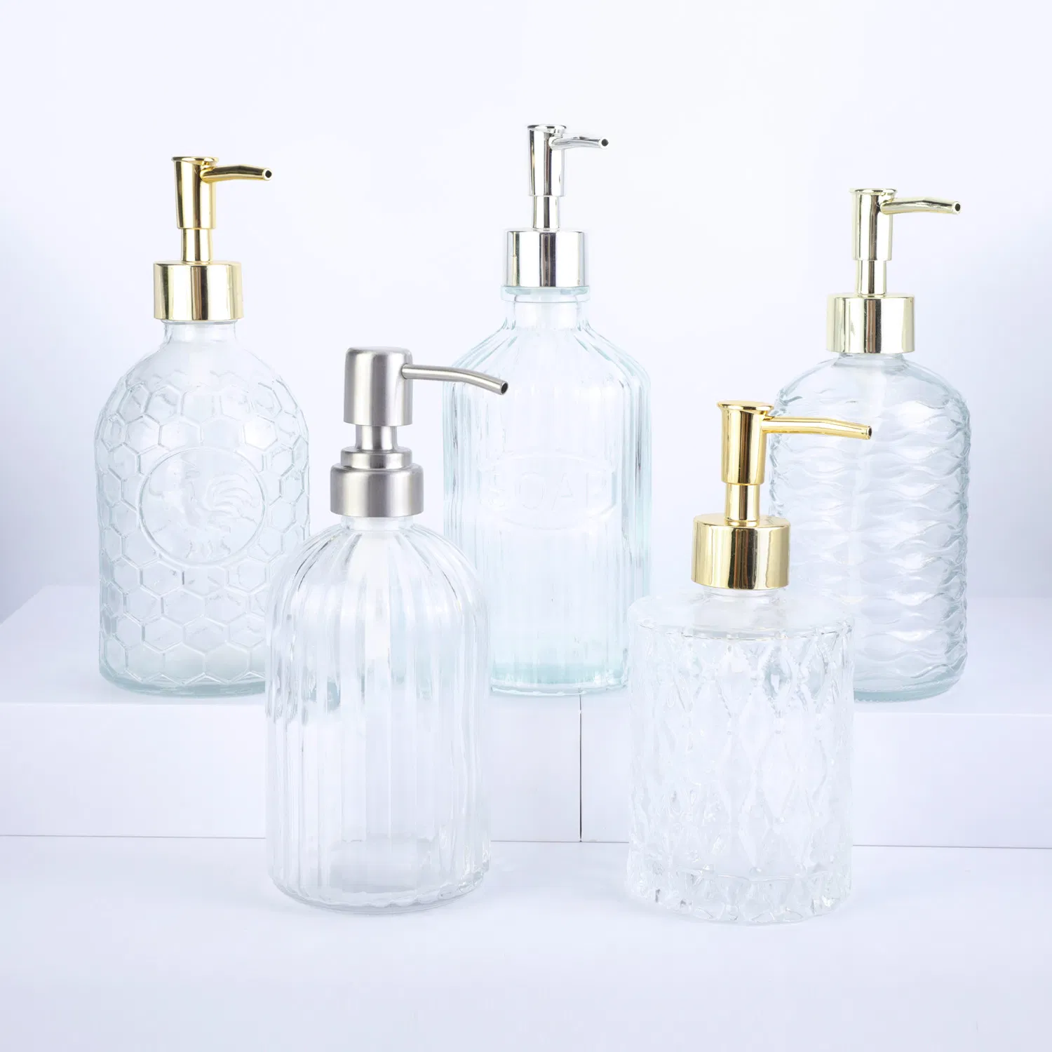 Luxury 500ml Transparent Hotel Glass Hand Wash Bottle with Lotion Pump