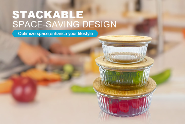 Wholesale Striped Glass Food Storage with Bamboo Concave Top, 640ml Large Capacity for Bulk Food Prepping