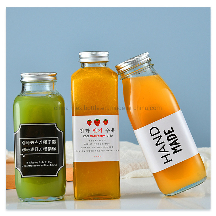 500ml Clear Round Square Glass Beverage Bottle for Juice with Metal Lid