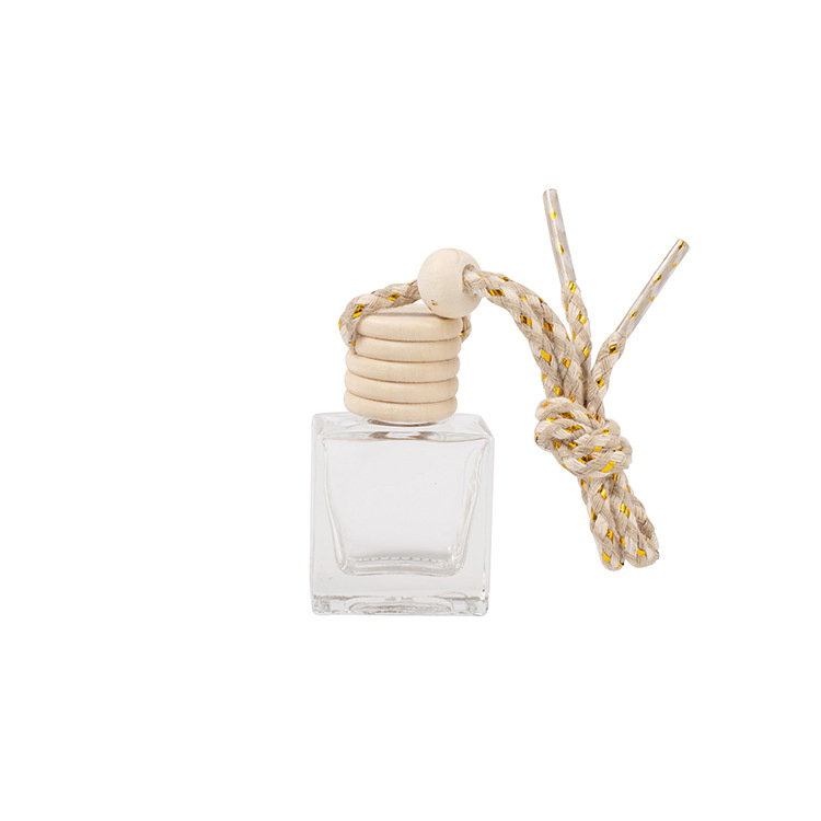 Custom Logo 8ml Clear/Black Square Shaped Car Hanging Diffuser Oil Glass Perfume Bottle with Black Wooden Cap