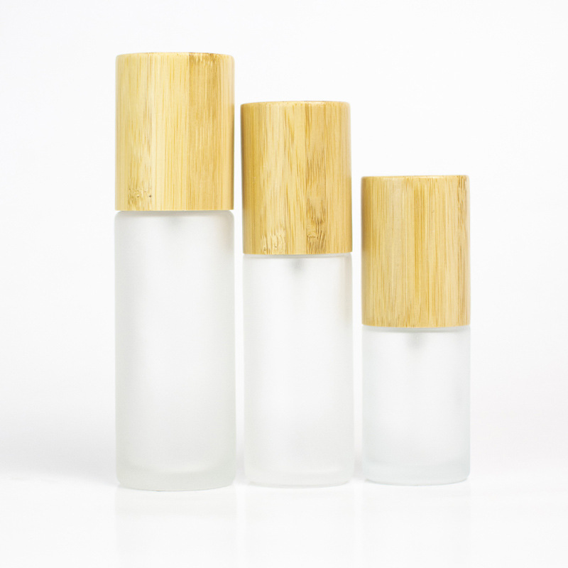 30ml 50ml 60ml 80ml 100ml 120ml Cylinder Shape Glass Frosted Bamboo Lotion Pump Bottle