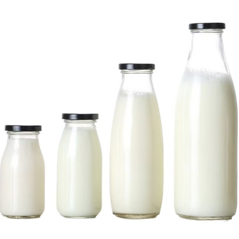 High Quality Clear Round Glass Milk Bottle with Metal Screw Cap