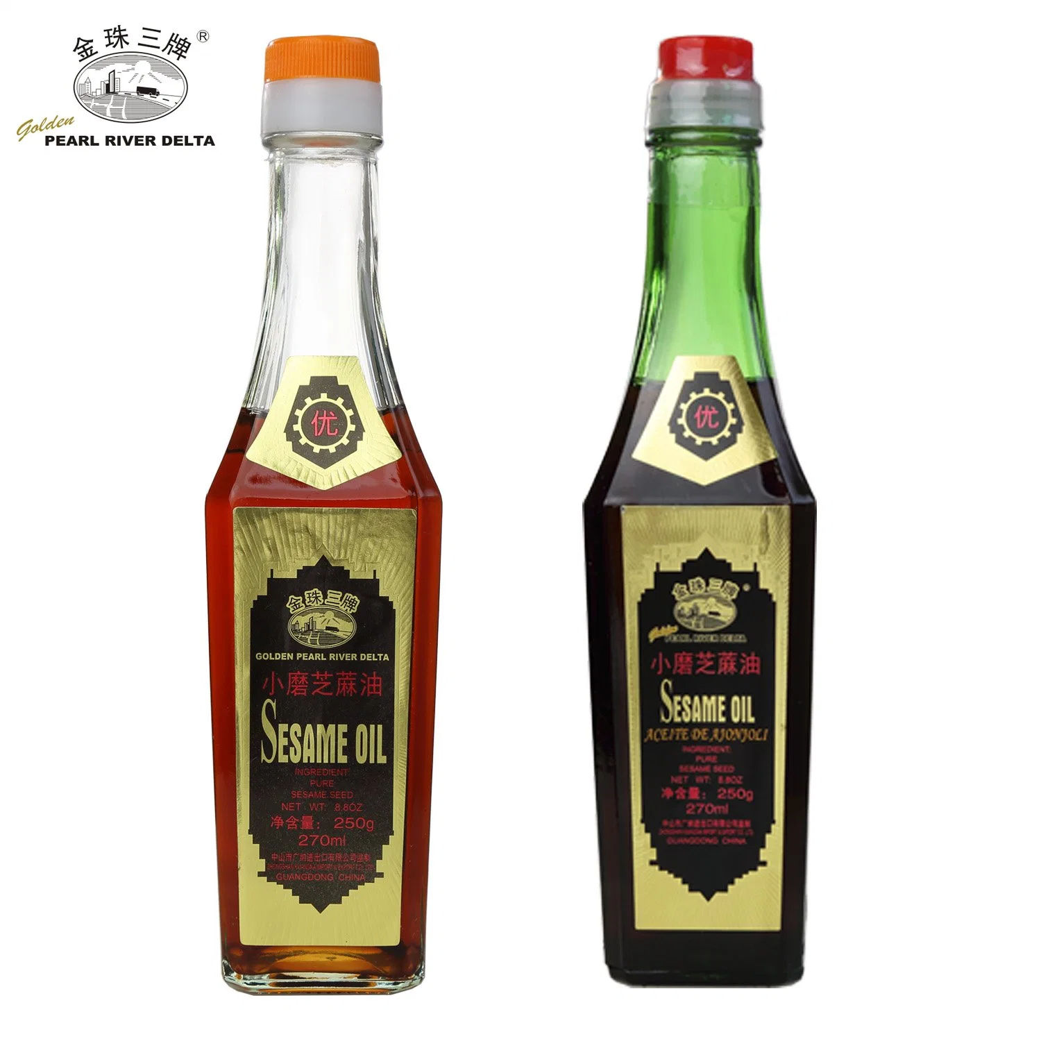 Traditional Sesame Oil/Edible Plant Oil 270ml in Square Green Color Glass Bottle for Peru Market