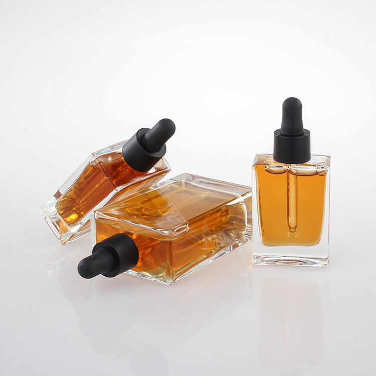 High-End Square Clear Glass Pipette Bottles Essential Oil Rectangle Glass Dropper Bottles with Pipette Black Cap