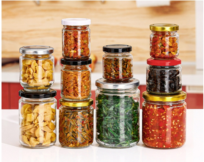 45ml 100ml 240ml 350ml 500ml 750ml 1000ml Honey Jam Spice Candle Canning Pickle Food Storage Customized Food Grade Empty Clear Round Glass Jar with Metal Lids