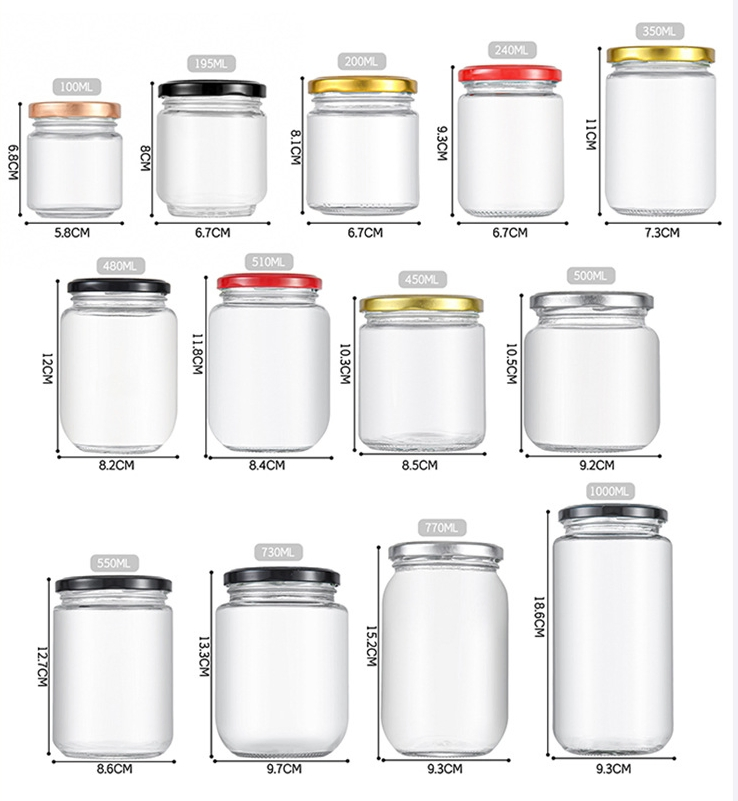 45ml 100ml 240ml 350ml 500ml 750ml 1000ml Honey Jam Spice Candle Canning Pickle Food Storage Customized Food Grade Empty Clear Round Glass Jar with Metal Lids