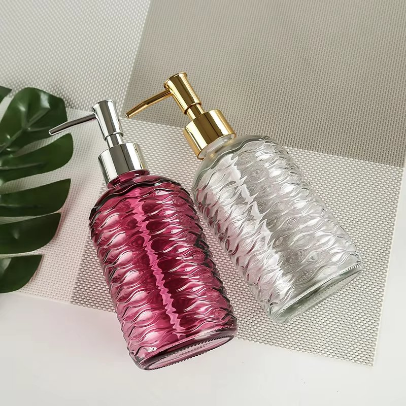 450ml Round Embossed Green Pink Blue Red Gray Shampoo Liquid Soap Body Lotion Glass Bottle with Lotion Pump