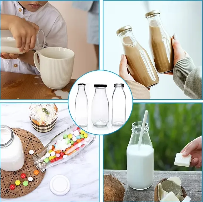 High Quality Clear Round Glass Milk Bottle with Metal Screw Cap
